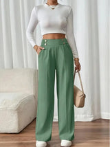 Women’s High-Waisted Wide-Leg Trousers Button Detail Side Pockets – Workday Meetings
