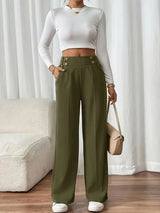 Women’s High-Waisted Wide-Leg Trousers Button Detail Side Pockets – Workday Meetings