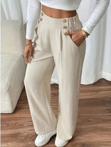 Women’s High-Waisted Wide-Leg Trousers Button Detail Side Pockets – Workday Meetings