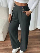 Women’s High-Waisted Wide-Leg Trousers Button Detail Side Pockets – Workday Meetings