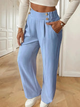 Women’s High-Waisted Wide-Leg Trousers Button Detail Side Pockets – Workday Meetings