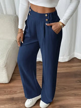 Women’s High-Waisted Wide-Leg Trousers Button Detail Side Pockets – Workday Meetings