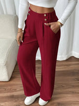 Women’s High-Waisted Wide-Leg Trousers Button Detail Side Pockets – Workday Meetings