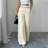 Women’s High-Waisted Wide-Leg Trousers Side Button Detail Side Pockets – Business Lunches