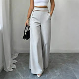 Women’s High-Waisted Wide-Leg Trousers Side Button Detail Side Pockets – Business Lunches