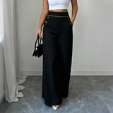 Women’s High-Waisted Wide-Leg Trousers Side Button Detail Side Pockets – Business Lunches