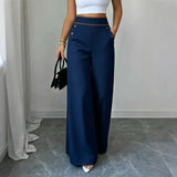 Women’s High-Waisted Wide-Leg Trousers Side Button Detail Side Pockets – Business Lunches