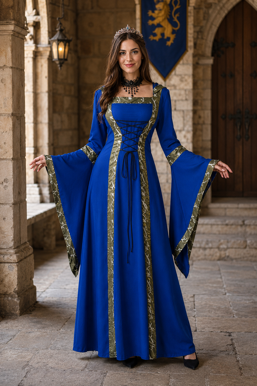 Women's Hooded Medieval Dress Costume Lace-Up Front Flare Sleeve – Halloween Moonlight Event