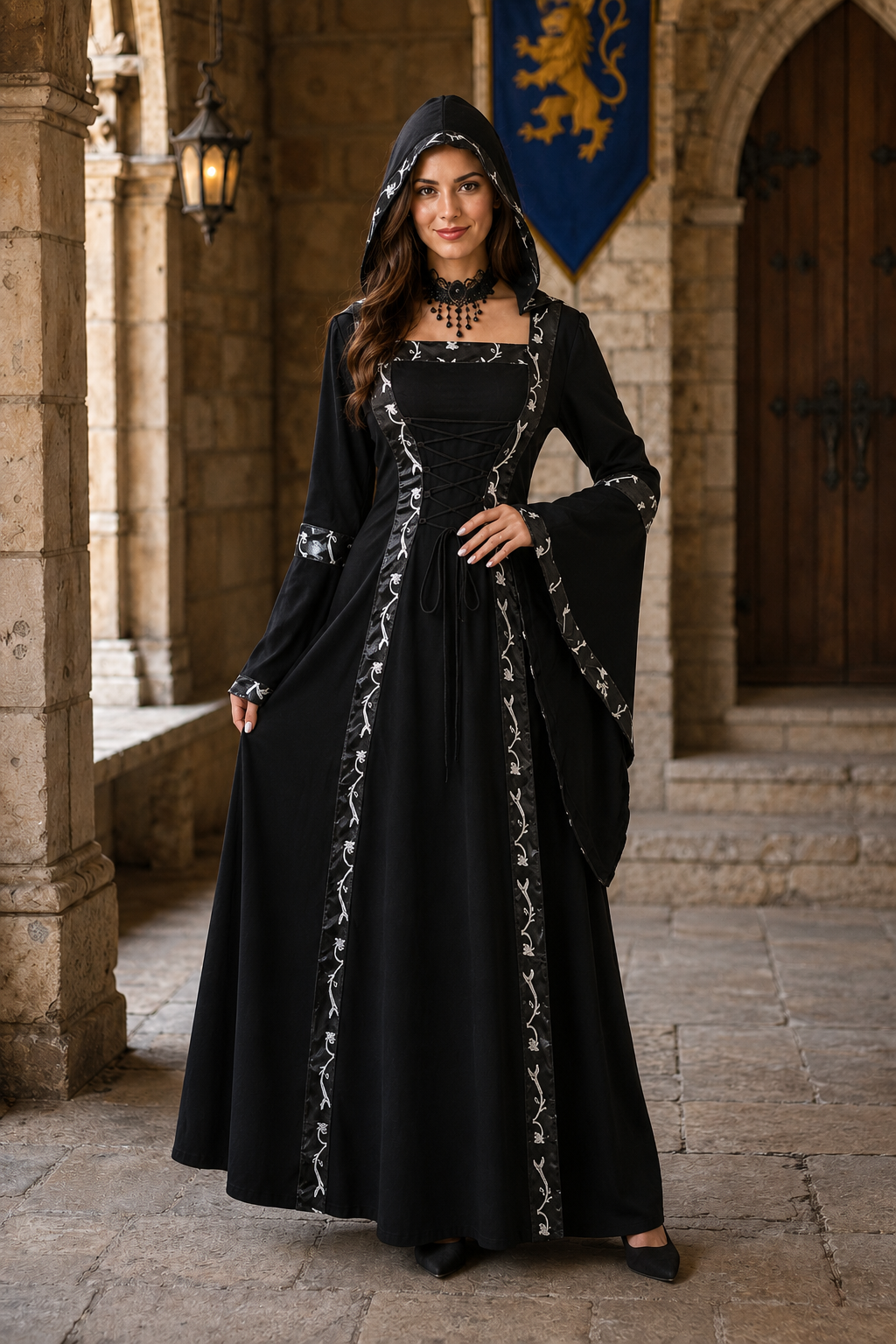 Women's Hooded Medieval Dress Costume Lace-Up Front Flare Sleeve – Halloween Moonlight Event