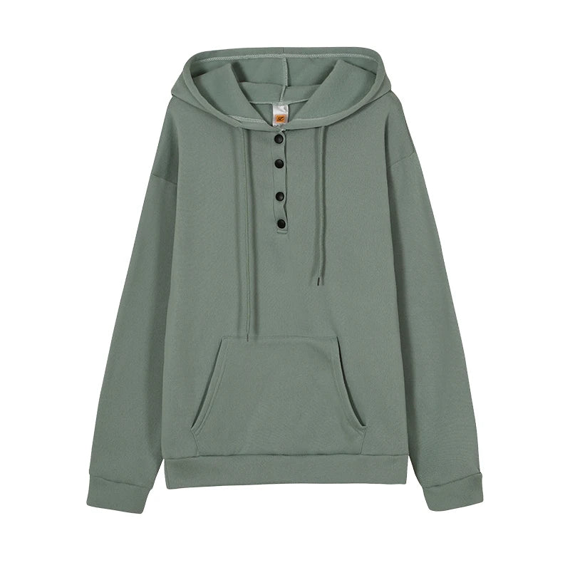 Women's Hoodie Button Placket Long Sleeve Kangaroo Pocket – Daily Streetwear