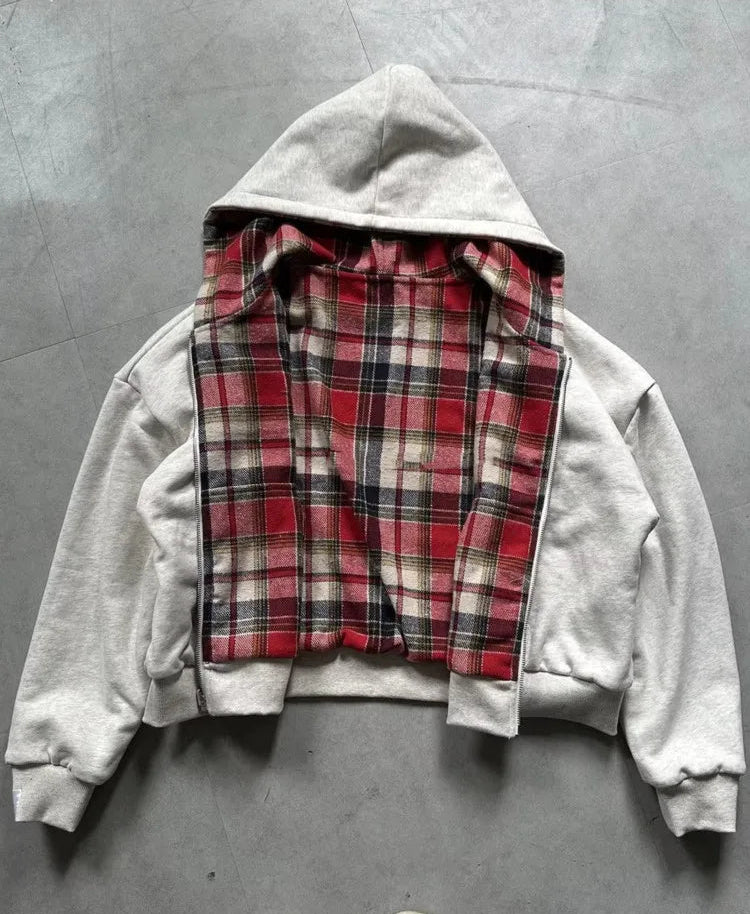Women's Hoodie Plaid Zip Front Dropped Shoulder – Streetwear Layered Look