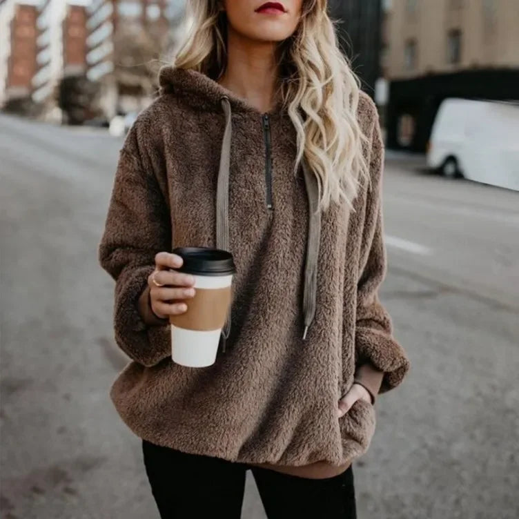 Women's Hoodie Teddy Half Zip Long Sleeve Kangaroo Pocket – Streetwear Layer