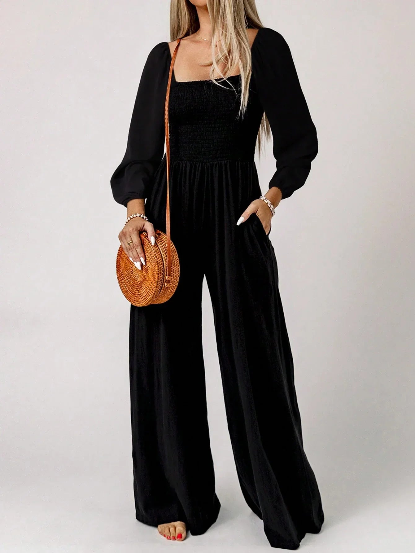 Women's Jumpsuit Smocked Wide Leg Square Neck Long Sleeve – Going Out