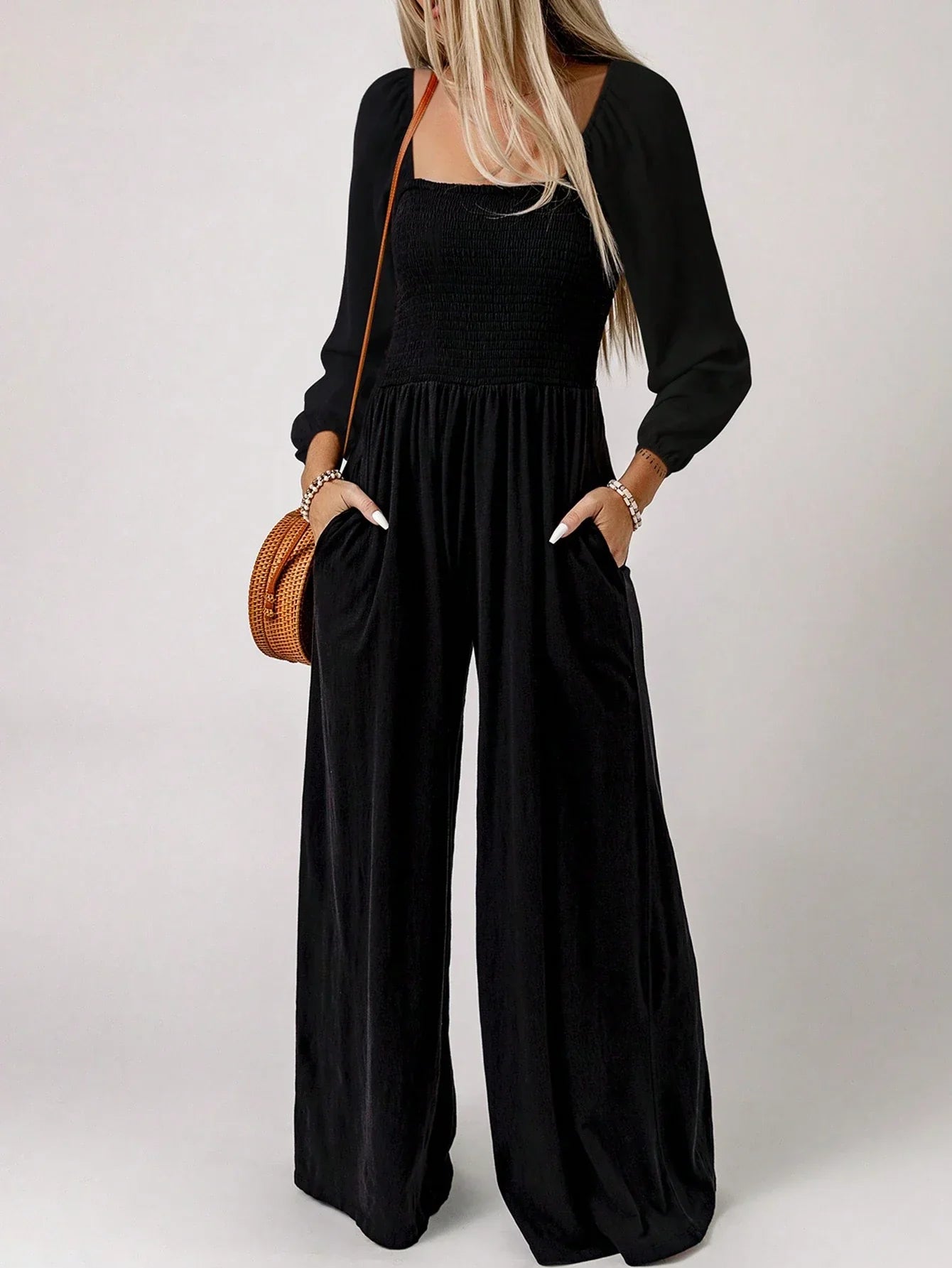 Women's Jumpsuit Smocked Wide Leg Square Neck Long Sleeve – Going Out