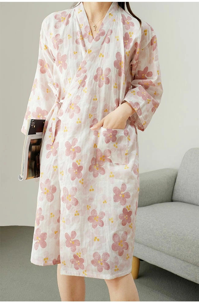 Women's Kimono Robe Floral Wrap Tie Waist Front Pocket – Loungewear