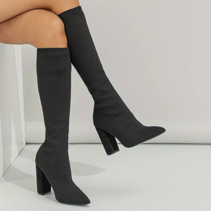 Women's Knee High Boots Pointed Toe Ribbed Shaft Block Heel – City Outing