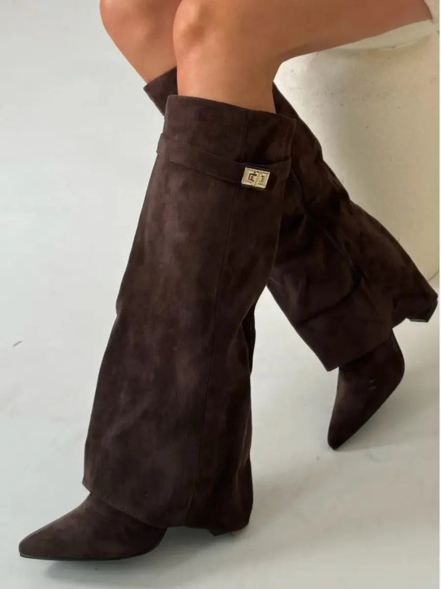 Women's Knee High Boots Pointed Toe Side Zip Buckle Tab – Autumn Outing