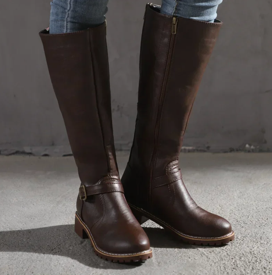 Women's Knee High Boots Round Toe Side Zip Buckle Strap Low Block Heel – Smart Casual