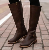 Women's Knee High Boots Round Toe Side Zip Buckle Strap Low Block Heel – Smart Casual