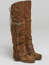 Women’s Knee-High Western Boots Side Fringe Buckle Strap Stitched Toe – Country Concerts