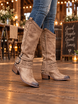 Women’s Knee-High Western Boots Side Zip Buckle Straps Block Heel – Country Market Visits