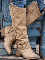 Women’s Knee-High Western Boots Side Zip Buckle Straps Block Heel – Country Market Visits