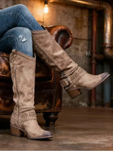 Women’s Knee-High Western Boots Side Zip Buckle Straps Block Heel – Country Market Visits