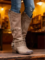 Women’s Knee-High Western Boots Side Zip Buckle Straps Block Heel – Country Market Visits