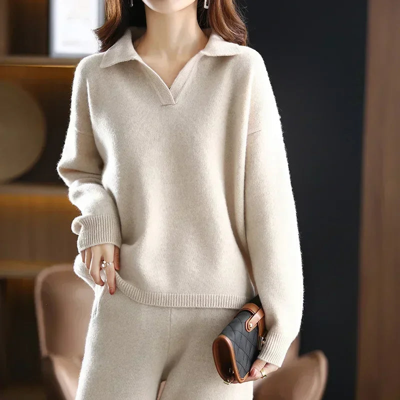 Women's Knit Sweater Collared V Neck Long Sleeve – Smart Casual Style