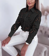 Women's Lace Blouse Allover Openwork Button Front Long Sleeve – Business Lunch