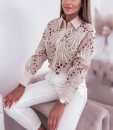 Women's Lace Blouse Allover Openwork Button Front Long Sleeve – Business Lunch