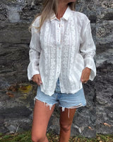 Women's Lace Blouse Button-Down Long Sleeve V-Neck Pointed Collar – Going Out