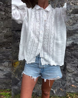 Women's Lace Blouse Button-Down Long Sleeve V-Neck Pointed Collar – Going Out