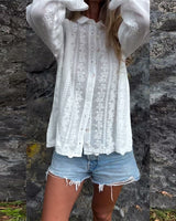 Women's Lace Blouse Button-Down Long Sleeve V-Neck Pointed Collar – Going Out
