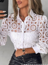 Women's Lace Blouse Medallion Openwork Button Front Long Sleeve – Gallery Visit