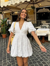 Women's Lace Mini Dress Deep V-Neck Puff Sleeve – Party Wear
