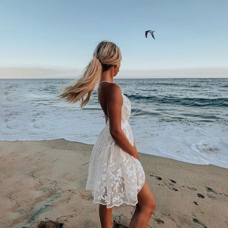 Women's Lace Mini Dress Floral V Neck Spaghetti Strap – Going Out Beach Vacation