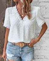 Women's Lace Trim Blouse Swiss Dot V Neck Short Sleeve – Garden Lunch