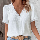 Women's Lace Trim Blouse Swiss Dot V Neck Short Sleeve – Garden Lunch