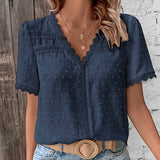 Women's Lace Trim Blouse Swiss Dot V Neck Short Sleeve – Garden Lunch