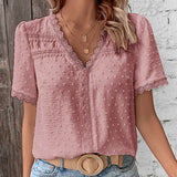 Women's Lace Trim Blouse Swiss Dot V Neck Short Sleeve – Garden Lunch