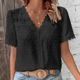 Women's Lace Trim Blouse Swiss Dot V Neck Short Sleeve – Garden Lunch