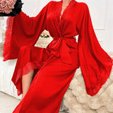 Women's Lace Trim Kimono Robe Wrap Tie Waist Long Sleeve – Loungewear