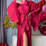 Women's Lace Trim Kimono Robe Wrap Tie Waist Long Sleeve – Loungewear