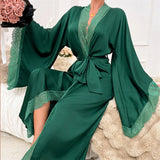 Women's Lace Trim Kimono Robe Wrap Tie Waist Long Sleeve – Loungewear
