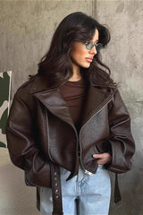 Women's Leather Jacket Oversized Notched Collar Belted – Going Out