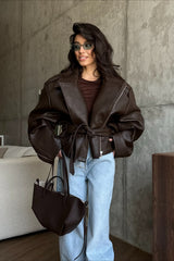 Women's Leather Jacket Oversized Notched Collar Belted – Going Out