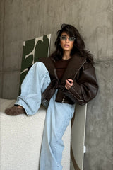 Women's Leather Jacket Oversized Notched Collar Belted – Going Out