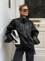 Women's Leather Look Jacket High Neck Asymmetric Zip – Going Out