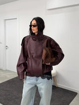 Women's Leather Look Jacket High Neck Asymmetric Zip – Going Out
